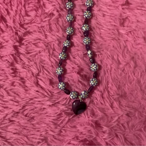 HANDCRAFTED NECKLACE 16” PURPLE WITH STONE HEART SOFT PURPLE FLOWER, GLASS BEADS - Picture 1 of 4